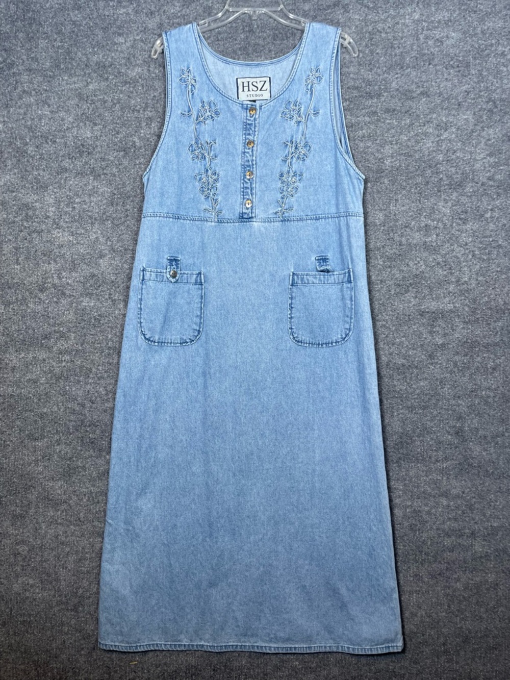 HSZ Womens XL Floral Embroidered Country Cowgirl Denim Midi Dress VTG Teacher